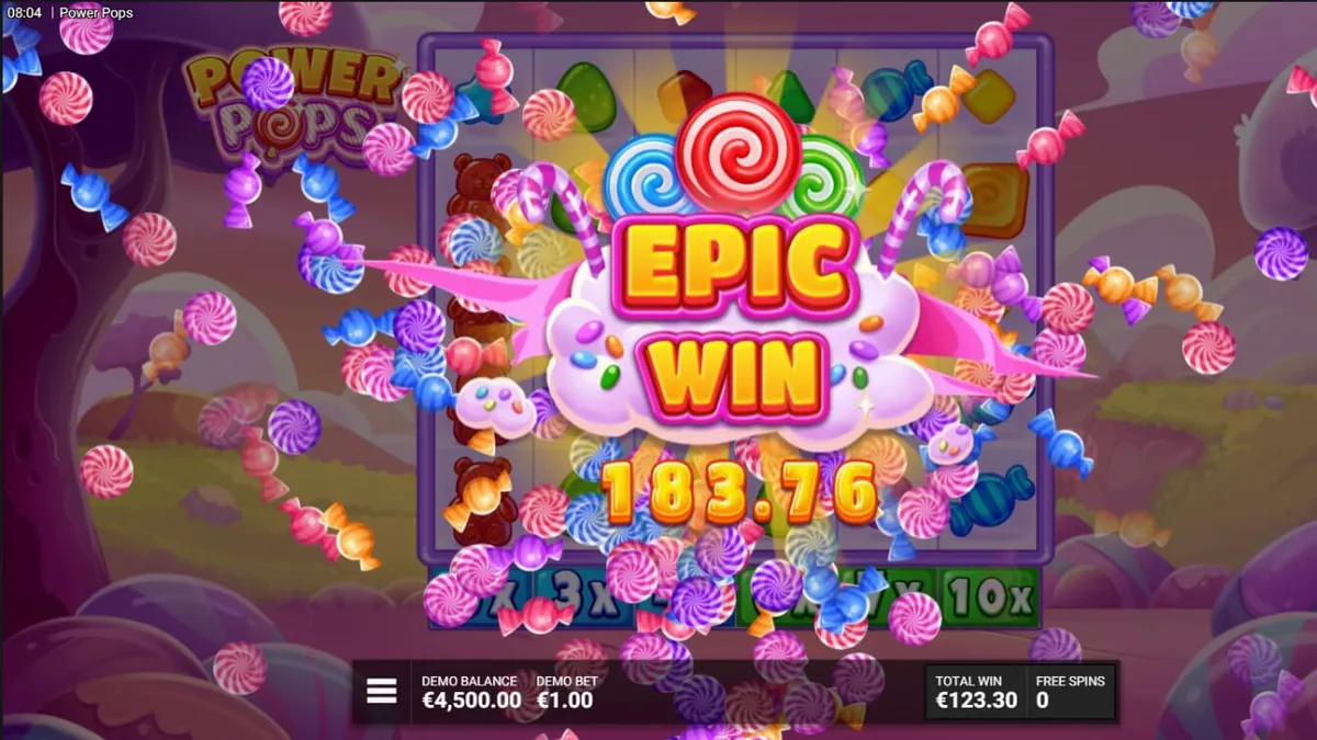 Tampilan visual ceria dari slot Power Pops dengan tema permen dan warna-warni.